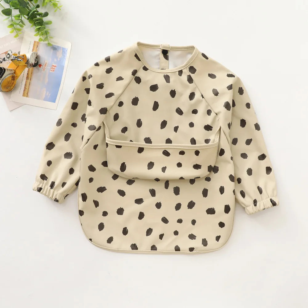 New Children Feeding Aprons Long Sleeve Baby Bib with Pocket Full Cover Kid Gown with Bag Waterproof Long-Sleeve Smock