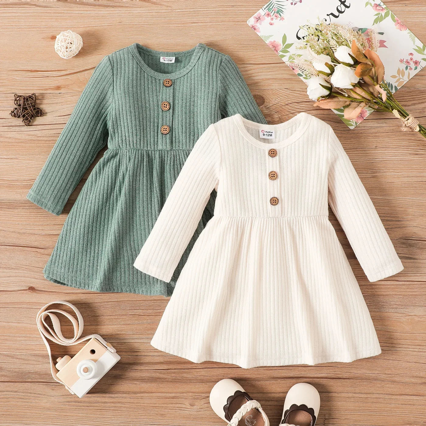 Baby Girl Button Front Solid Rib Knit Long-Sleeve Dress Soft and Comfortable Perfect for Outings Daily Wear Basic Style