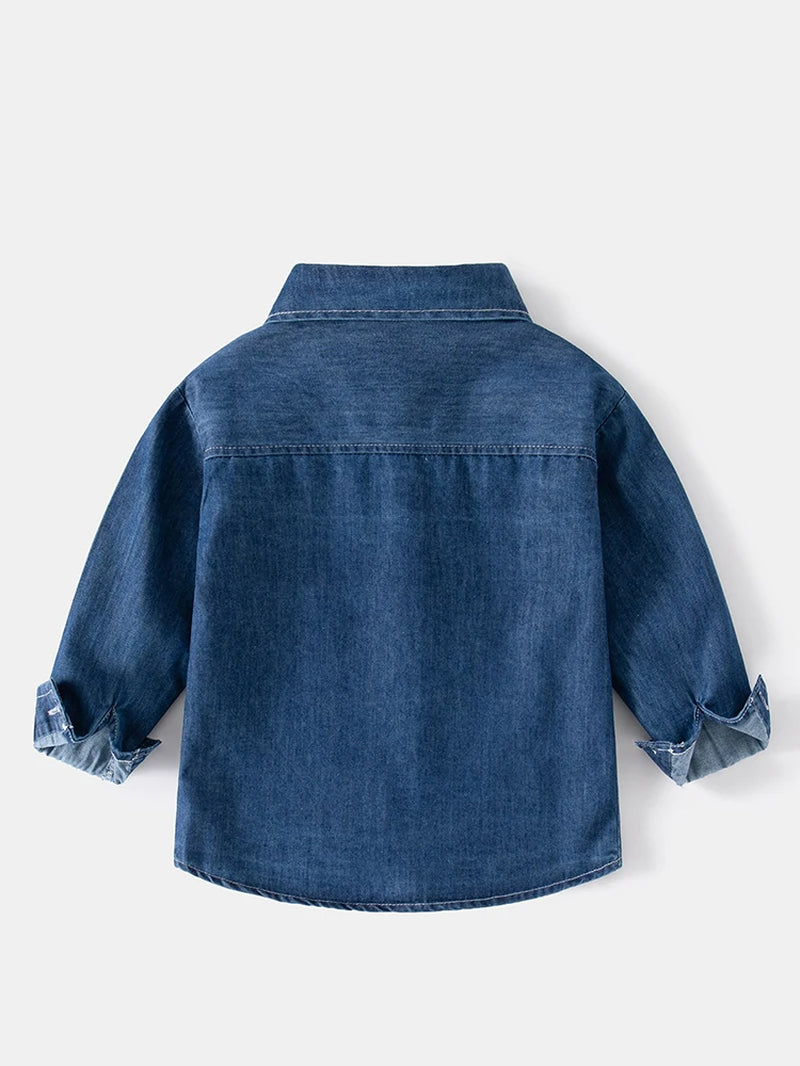 2-8Y Kids Boys Denim Shirts Toddler Solid Color Blue Casual Long Sleeve Pocket Cowboy Tops Children Fashion Outfits D427
