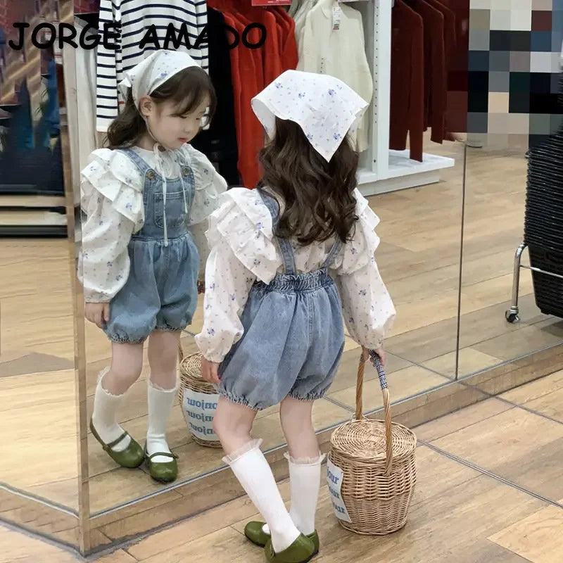 Korean Style Spring Autumn Baby Girl Sets Floral Turn-Down Collar Shirts+Blue Denim Overalls+Headwear Child Clothing E2561