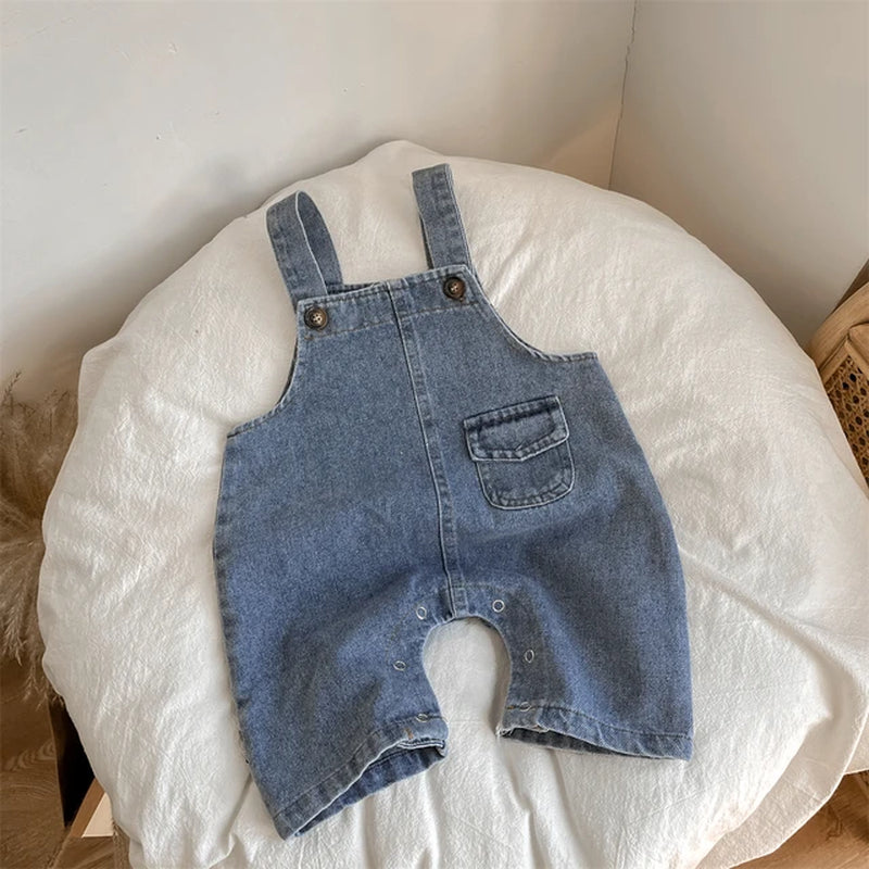 Spring and Autumn Newborn Baby Boys Suspender Simple Trousers Solid Adjustable Denim Korean Cute Fashion Soft Casual
