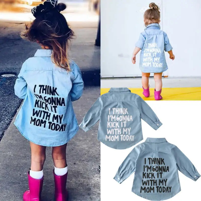 Toddler Kid Baby Girl Autumn Spring Letter Prin Shirt Warm Clothes Denim Long Sleeve Shirt Blouse Coat Shirt 2-7Year